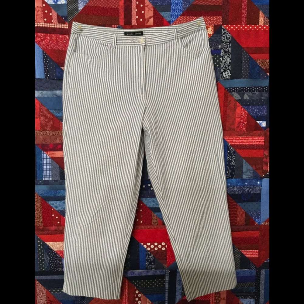 Seersucker capris. Blue and white stripes.